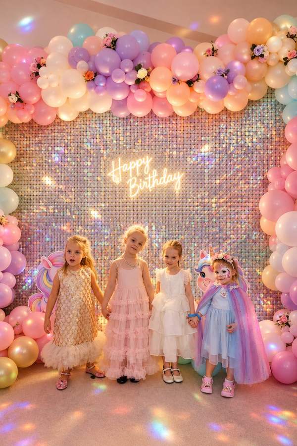 Four girls in party dresses at the pastel balloon wall